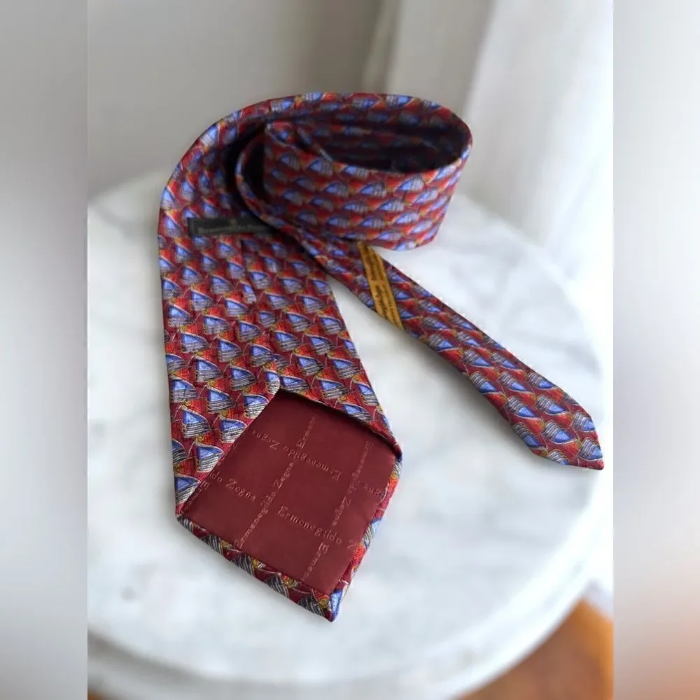 Ermenegildo Zegna Red Blue Gold geometric silk tie Italy